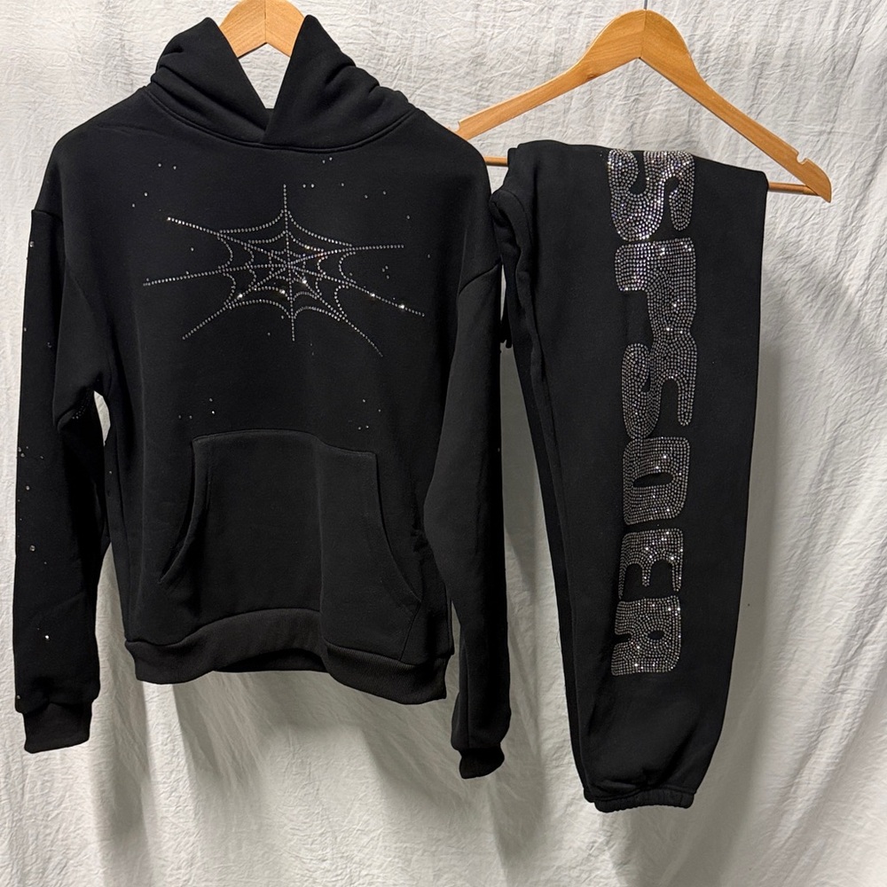 Sp5der Rinestone silk Hoodie + joggers set